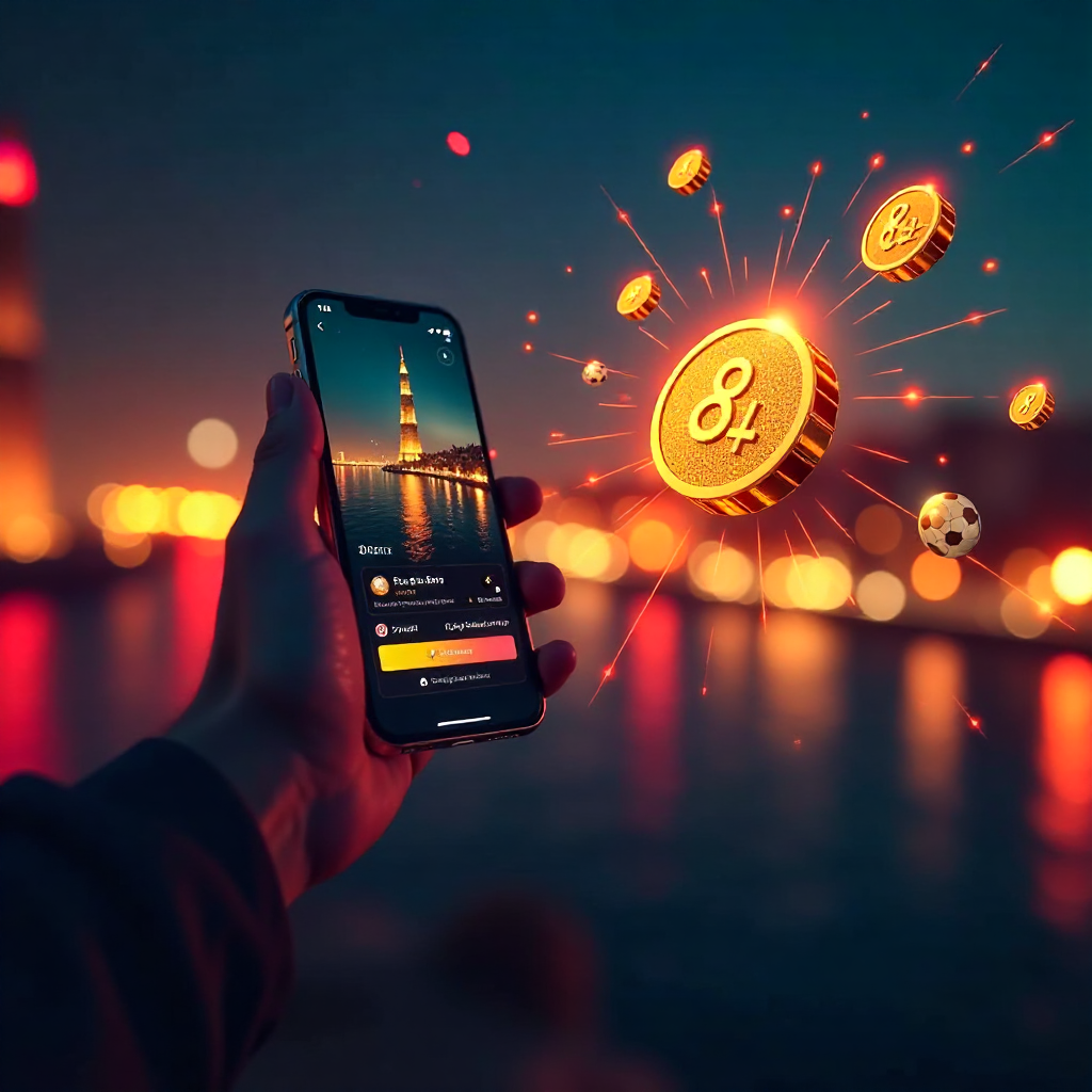 Futuristic hand holding a transparent glass smartphone displaying 888starz official Arabic app, background is the Cairo Tower and Nile river at night with glowing red laser beams and golden bokeh, 3D holographic gold EGP coins and soccer balls floating, n